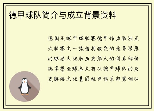 德甲球队简介与成立背景资料